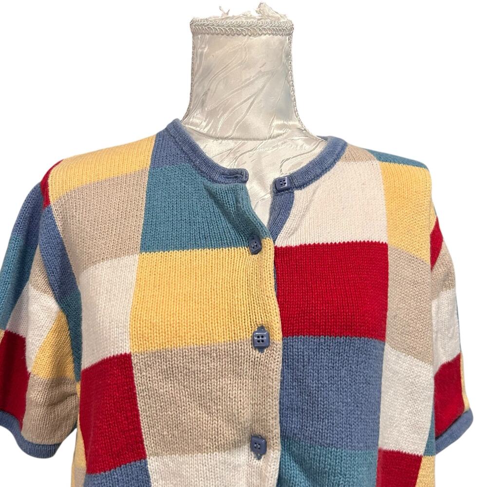 Patchwork Checked Knit Short Sleeve Cardigan Wome… - image 6